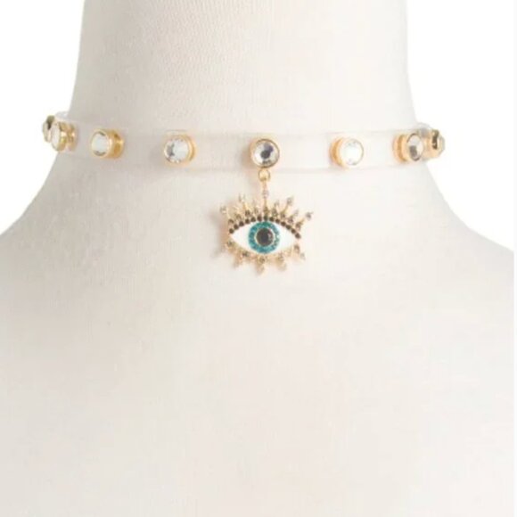 NWT Kurt Geiger London Clear Jelly Crystal Pavé Evil Eye Choker Necklace 15” - Picture 4 of 8